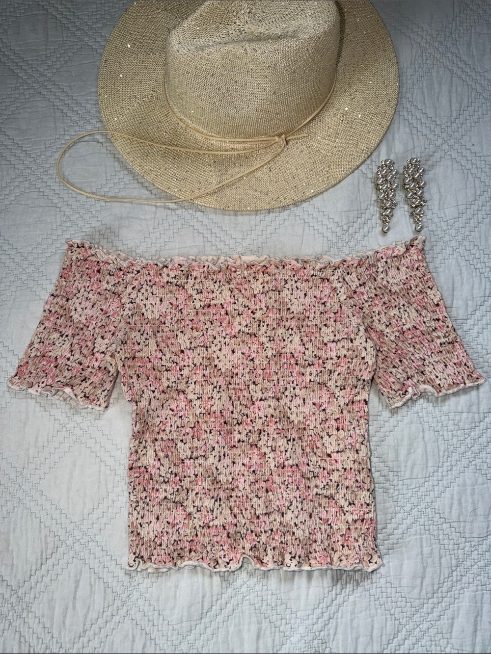 H&M Pink Floral Off-Shoulder Smocked Crop Top